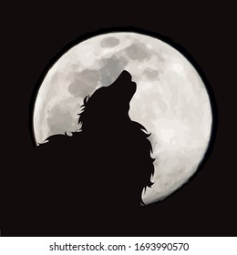 Vector silhouette of dog on moon background. Symbol of night.
