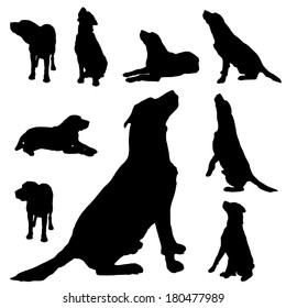 Vector silhouette of a dog on white background.