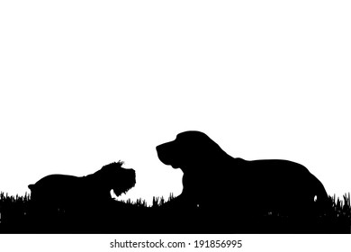 Vector silhouette of a dog on a white background.