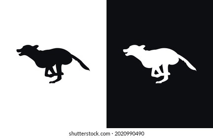 Vector silhouette of dog on white and black background.