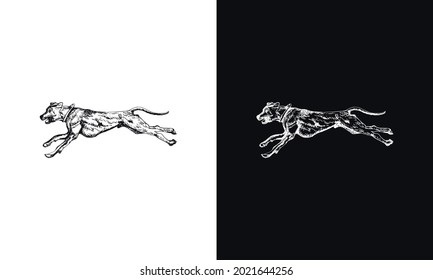 Vector silhouette of dog on white and black background.