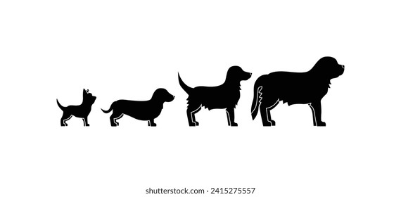 Vector silhouette of a dog on a white background.Collection of vector silhouettes of dogs, from small to big. Symbol of animal and pet.
