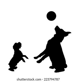 Vector Silhouette Of A Dog Playing With A Balloon.