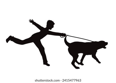 Silueta vectorial de un perro tirando de un niño sobre un fondo blanco. Símbolo de mascota y desobediencia.