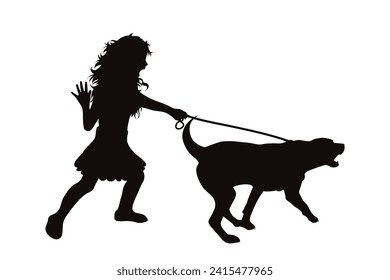 Vector silhouette of a dog pulling a girl on a white background. Symbol of pet and disobedience.