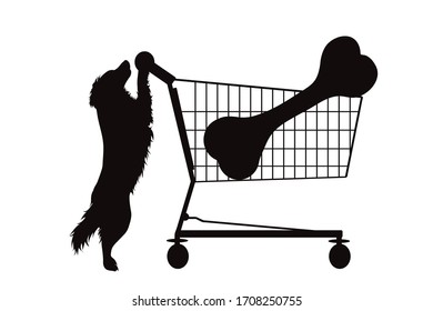Vector silhouette of dog push shopping cart with big bone on white background. Symbol of shop accessories and pets shop.