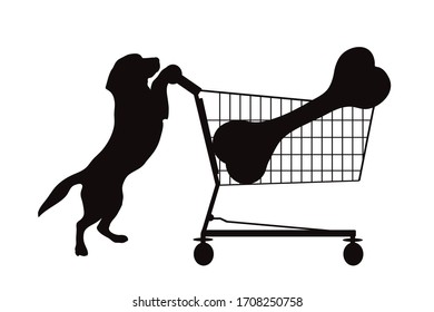 Vector silhouette of dog push shopping cart with big bone on white background. Symbol of shop accessories and pets shop.