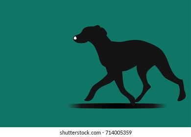 Vector silhouette dog running green backdrop