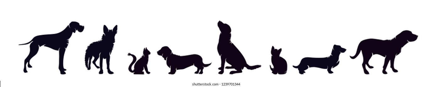 Vector silhouette of dog set on white background.