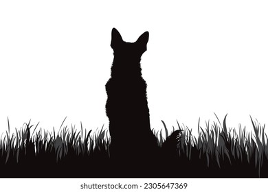 Vector silhouette of dog sitting in the grass in park. Symbol of pet.
