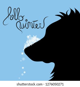 Vector silhouette of dog with snowflakes and text hello winter.