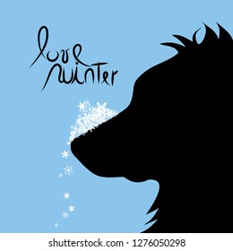 Vector silhouette of dog with snowflakes and text love winter.
