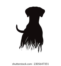 Vector silhouette of dog standing in the grass in park. Symbol of pet.