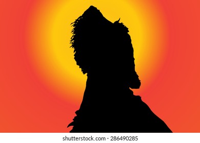 Vector silhouette of a dog at sunset.