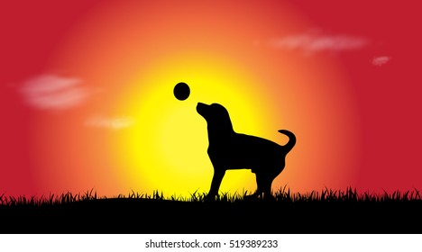 Vector silhouette of a dog at sunset.