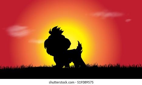 Vector silhouette of a dog at sunset.