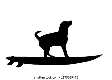 Vector silhouette of dog with surf board on white background.