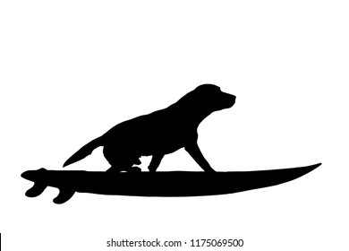 Vector silhouette of dog with surf board on white background.