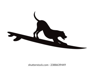 Vector silhouette of a dog surfing on a surfboard. Symbol of pet and sport.