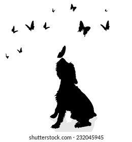 Vector silhouette of a dog surrounded by butterflies.