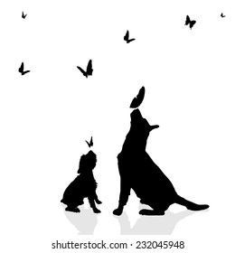 Vector silhouette of a dog surrounded by butterflies.