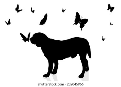 Vector silhouette of a dog surrounded by butterflies.