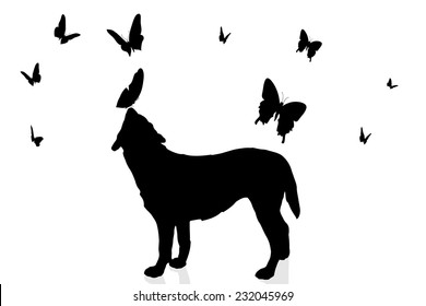 Vector silhouette of a dog surrounded by butterflies.