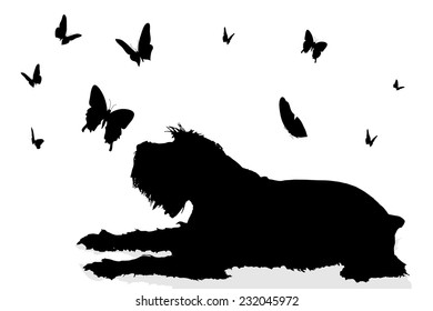 Vector silhouette of a dog surrounded by butterflies.
