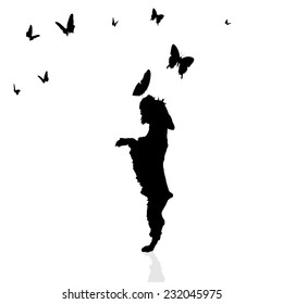 Vector silhouette of a dog surrounded by butterflies.