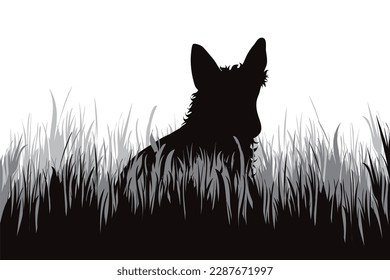 Vector silhouette of dog walking in the grass. Symbol of nature and wild.