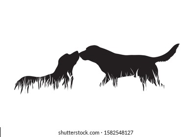 Vector silhouette of dogs in the grass on white background. Symbol of animal, pet, friends, nature, park, garden.