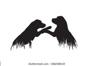Vector silhouette of dogs in the grass on white background. Symbol of animal, pet, friends, nature, park, garden.