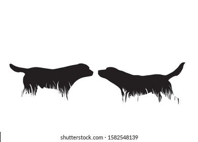 Vector silhouette of dogs in the grass on white background. Symbol of animal, pet, friends, nature, park, garden.