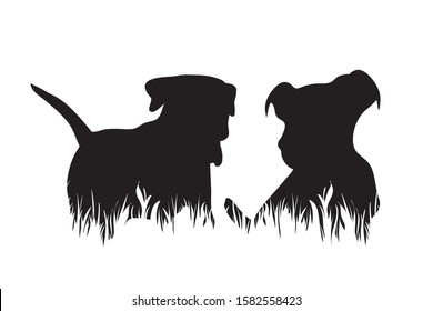 Vector silhouette of dogs in the grass on white background. Symbol of animal, pet, friends, nature, puppy, park, garden.
