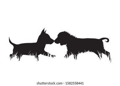 Vector silhouette of dogs in the grass on white background. Symbol of animal, pet, friends, nature, park, garden.