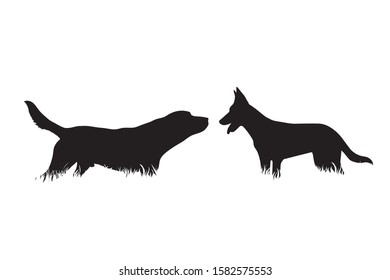 Vector silhouette of dogs in the grass on white background. Symbol of animal, pet, friends, nature, park, garden.
