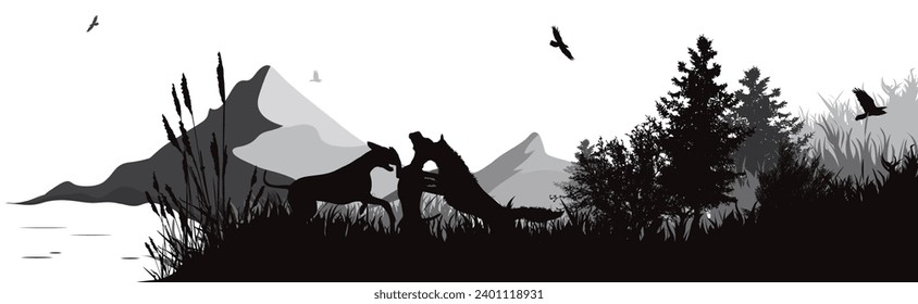 Vector silhouette of dogs in park with lake and mountains in the background. Symbol of nature and wild.