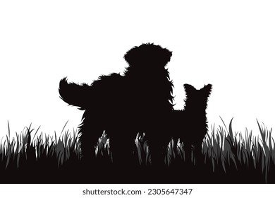 Vector silhouette of dogs sitting in the grass in park. Symbol of pet.