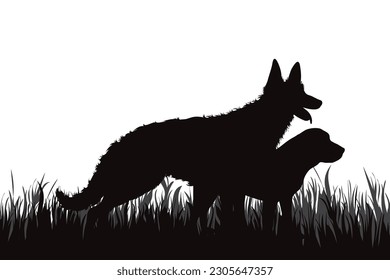 Vector silhouette of dogs sitting in the grass in park. Symbol of pet.