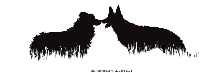 Vector silhouette of dogs standing in the grass in park. Symbol of pet.