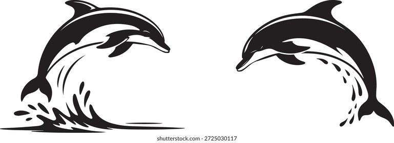 Vector silueta de un delfín en negro. Forma marina simple del mamífero aislada en el fondo blanco. Perfecto para el océano, la vida marina, la vida silvestre, acuática y proyectos de diseño.