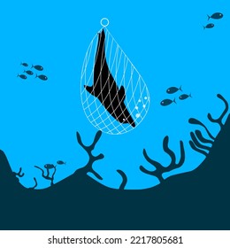 Vector silhouette of a dolphin caught in a fishing net. Do not catch dolphins with nets, animals are protected. Blue sea background.