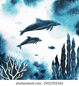 Silueta de Vector de delfines, peces y plantas marinas bajo el mar. Ilustración de acuarela con naturaleza submarina y fondo aislado de vida silvestre marina