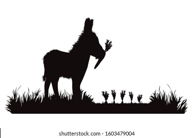 Vector silhouette of donkey eat carrot on garden. Symbol of animal, field, farm, destroy, corp, pest.