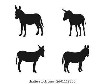 vector silhouette of a donkey. Donkey silhouette isolated icon vector illustration design. Silhouettes of Donkeys in Profile View.