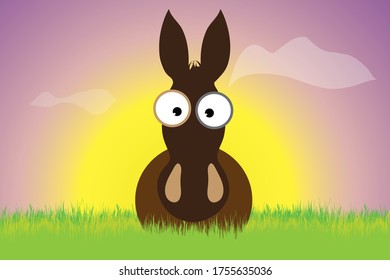Vektorsilhouette des Esel, der bei Sonnenuntergang im Gras bleibt. Symbol des Tieres.