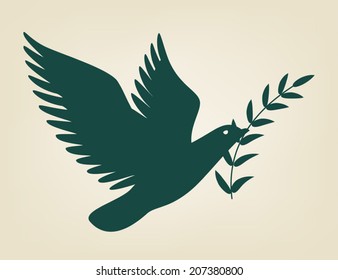 Vector silhouette of dove with olive branch 