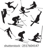 Vector silhouette downhill skier set