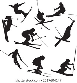 Vector silhouette downhill skier set