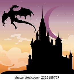 Vector silhouette of a dragon and castle on a sunrise and half moon background with stars vector poster, wallpaper